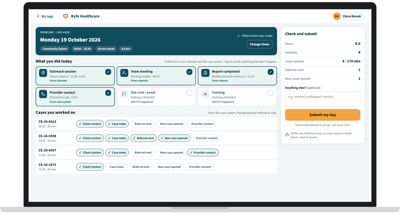 Example app screen: Check your day and submit