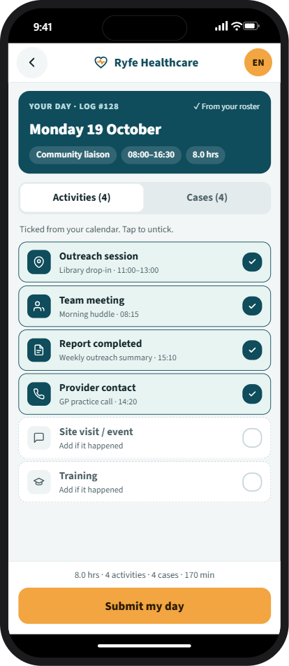 Example app screen: Check the day on a phone and submit