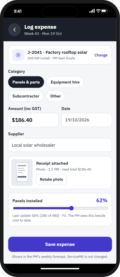 Example app screen: Site leads log an expense with a receipt photo and update progress