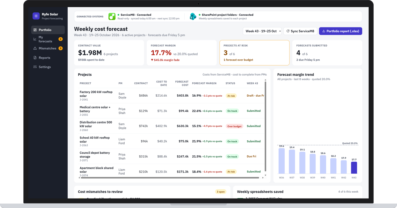 Example app screen: Every project's forecast margin against the quote, with cost mismatches to review
