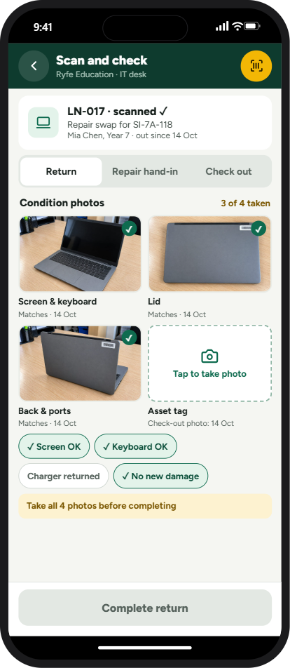 Example app screen: Take all four condition photos before the handover can be completed