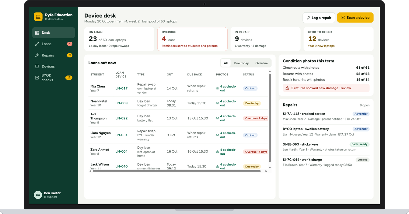 Example app screen: Every loan, repair and condition photo on one desk