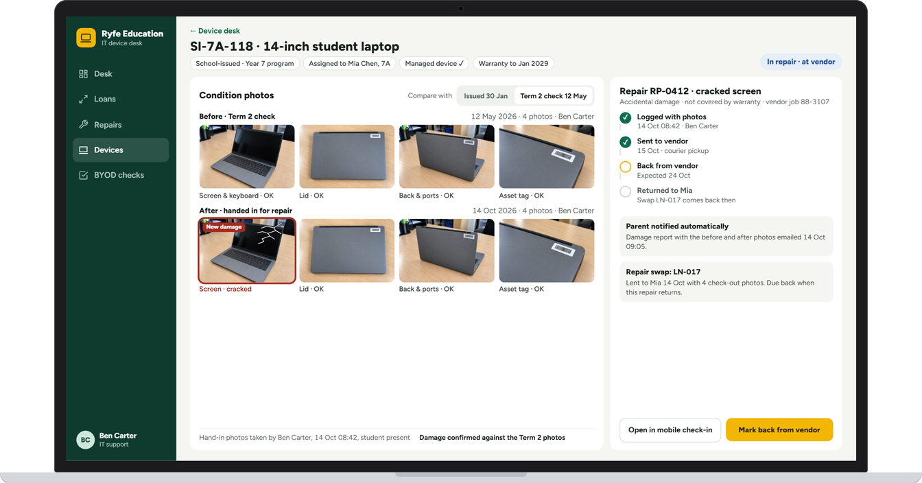 Example app screen: Each device keeps its before and after photos, its repair tracker and the parent notice
