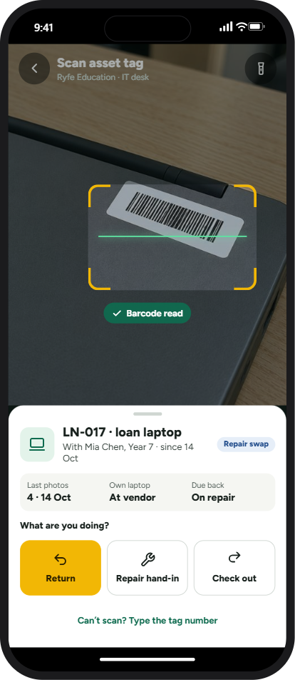 Example app screen: Scan the asset tag to see who has the laptop and why
